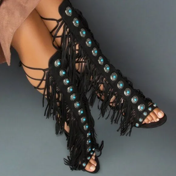 Black Bohemian Women'sGemstone Straps Fringe Detail Knee High Stiletto Boots f - Picture 4 of 10